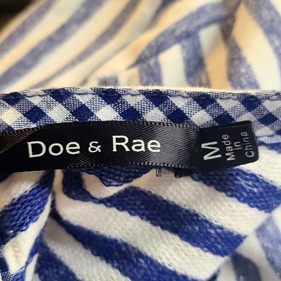 Doe & Rae Blue & White Stripe & Gingham Check Lace-up Top Size Medium - Picture 3 of 9